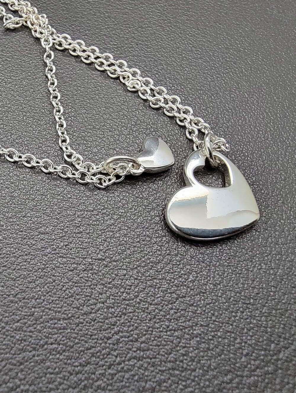 Avon Two Hearts in One Necklace Set Silver Tone Matching Heart Pendants Gift Box